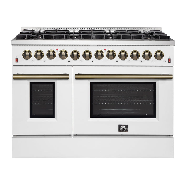 Galiano 48-inch Dual Fuel Range White & Antique Brass Design with 8 Sealed Burners 107,000 BTU, 6.58 cu. ft. double ovens & Griddle