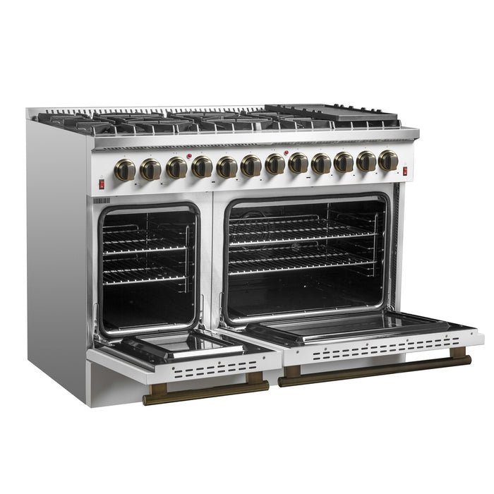 Galiano 48-inch Dual Fuel Range White & Antique Brass Design with 8 Sealed Burners 107,000 BTU, 6.58 cu. ft. double ovens & Griddle