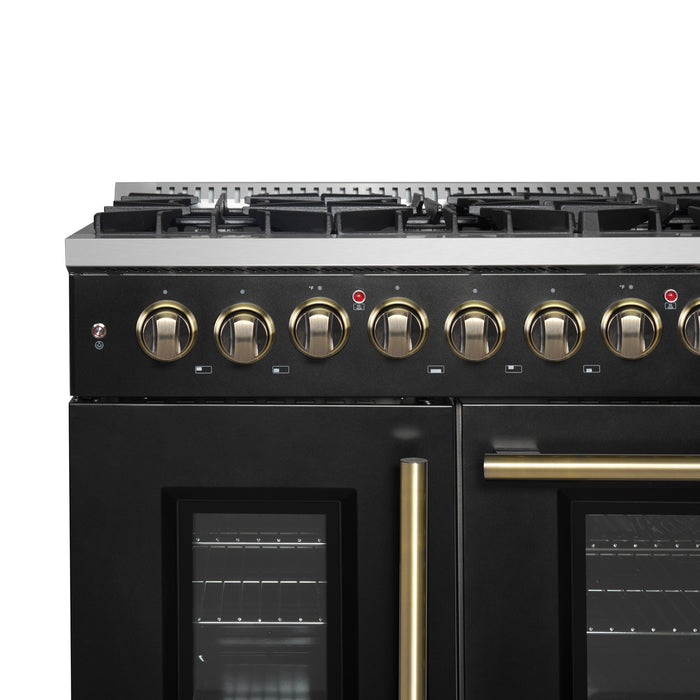 Forno Galiano 48-inch French Door Dual Fuel Range, Black & Antique Brass Design, 8 Sealed Burners - 107,000 BTU, Griddle, 6.58 cu.ft. Double Ovens