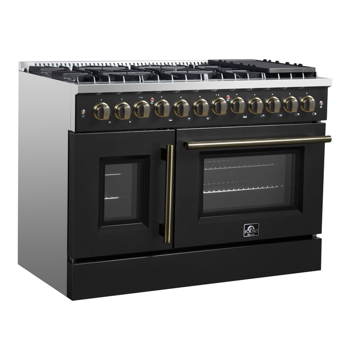 Forno Galiano 48-inch French Door Dual Fuel Range, Black & Antique Brass Design, 8 Sealed Burners - 107,000 BTU, Griddle, 6.58 cu.ft. Double Ovens