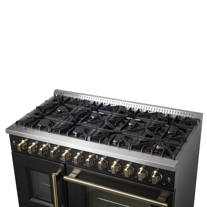 Forno Galiano 48-inch French Door Dual Fuel Range, Black & Antique Brass Design, 8 Sealed Burners - 107,000 BTU, Griddle, 6.58 cu.ft. Double Ovens