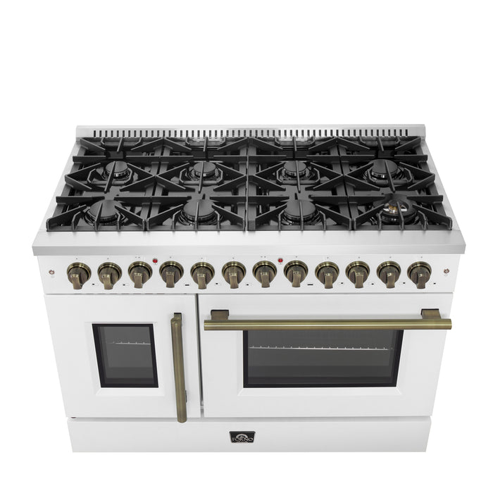 Forno Galiano 48-inch French Door Dual Fuel Range, White & Antique Brass Design, 8 Sealed Burners - 107,000 BTU, Griddle, 6.58 cu.ft. Double Ovens