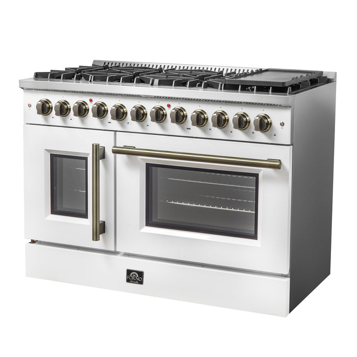 Forno Galiano 48-inch French Door Dual Fuel Range, White & Antique Brass Design, 8 Sealed Burners - 107,000 BTU, Griddle, 6.58 cu.ft. Double Ovens