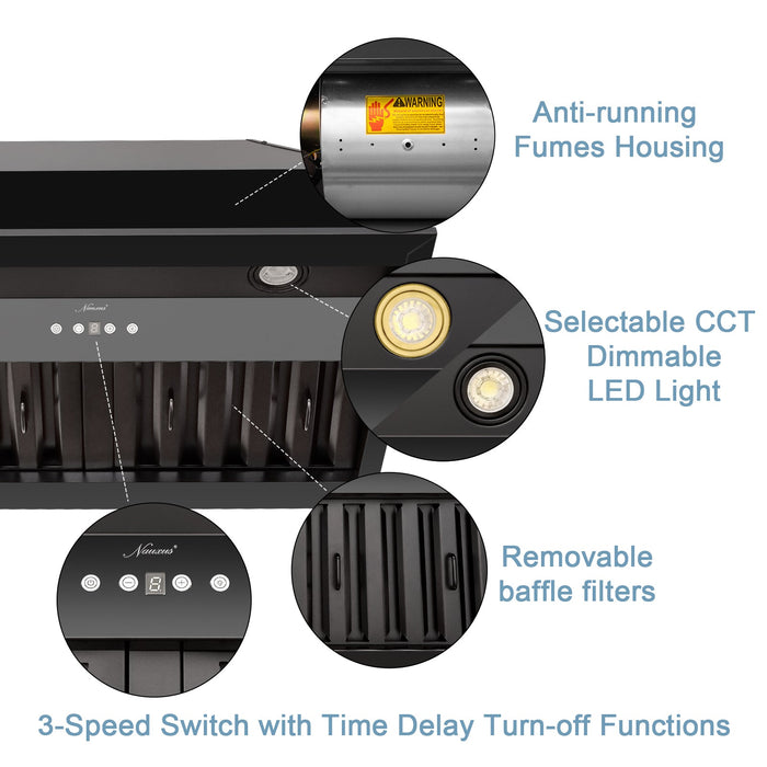 30" Range Hood Insert, Stainless Steel Kitchen Vent Hood with Dimmable LED Lights, 600CFM - NX-E90-30-MB