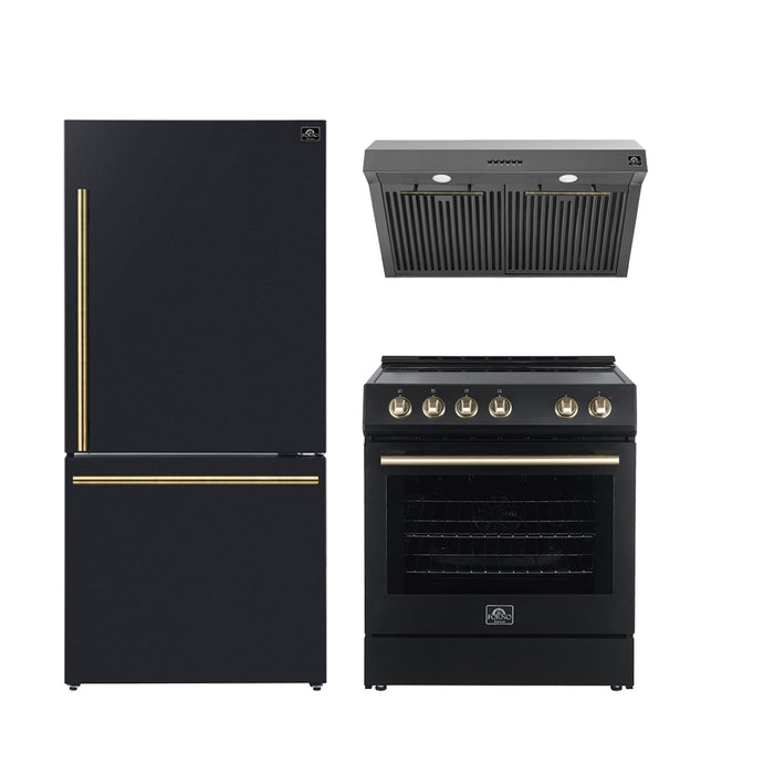 FORNO Premium 3-Piece Kitchen Bundle - Leonardo Espresso 30" Black Range, 30" Black Range Hood, 31" Black Bottom Freezer Refrigerator - FBDL-001-02US