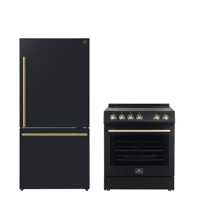 FORNO Premium 2-Piece Kitchen Bundle - Leonardo Espresso 30" Black Range, 31" Black Bottom Freezer Refrigerator - FBDL-003-02US