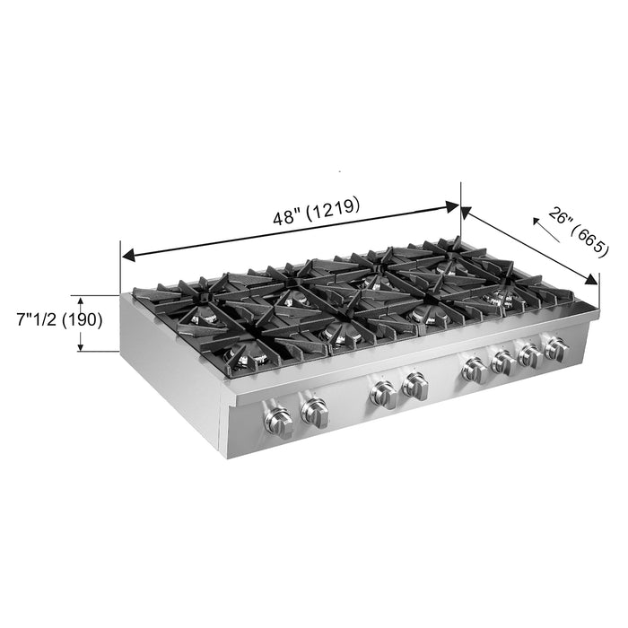 Forno Cossato Alta Qualita 48-Inch Pro-Style Gas Rangetop, Stainless Steel, 8 Sealed Burners, 107,000 BTU Total Output, Continuous Cast Iron Grates