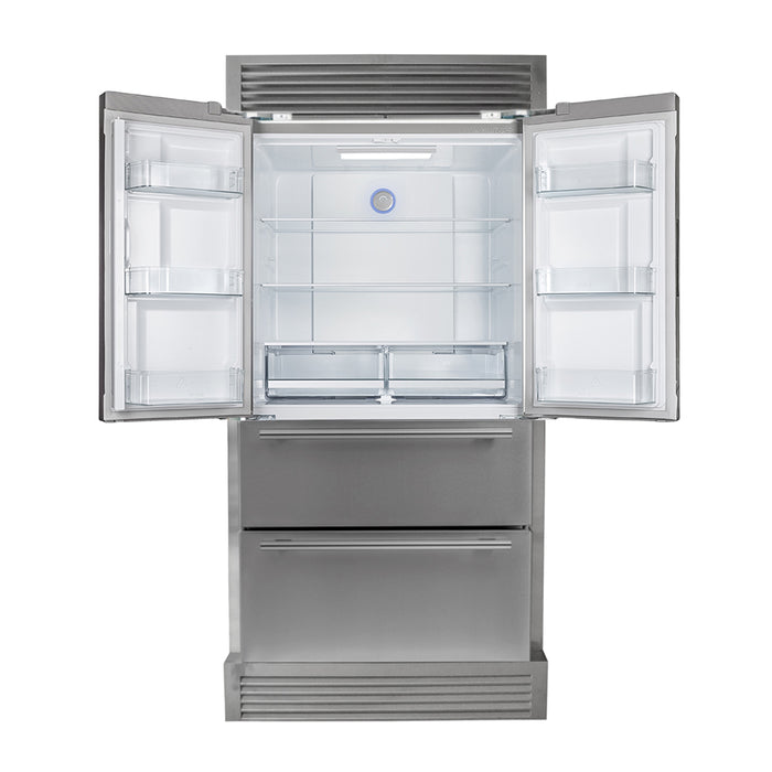 FORNO Premium 2-Piece Kitchen Bundle - Galiano 36" Stainless Steel Range, Forno Moena 36" French Door 19.2 cu. ft Stainless Steel Refrigerator, with Decorative Grill - 40" Wide - FBDL-019-03CAUS