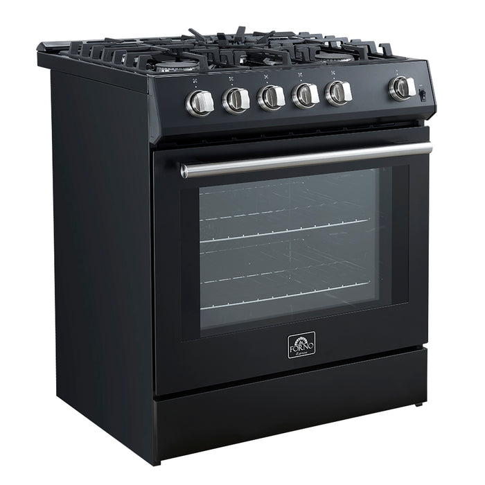 Forno Leonardo Espresso 30-Inch Black Gas Range, 5 Burners, 39,500 BTU, 5 cu.ft Convection Oven