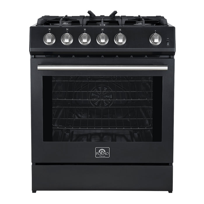 Forno Leonardo Espresso 30-Inch Black Gas Range, 5 Burners, 39,500 BTU, 5 cu.ft Convection Oven