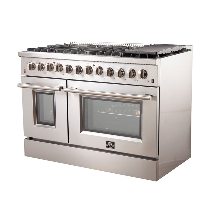 FORNO Premium 2-Piece Kitchen Bundle - Galiano 48" Stainless Steel Dual Fuel Range, Forno Maderno 2-28 " Wide Units with Decorative Trim - FBDL-017-03CAUS