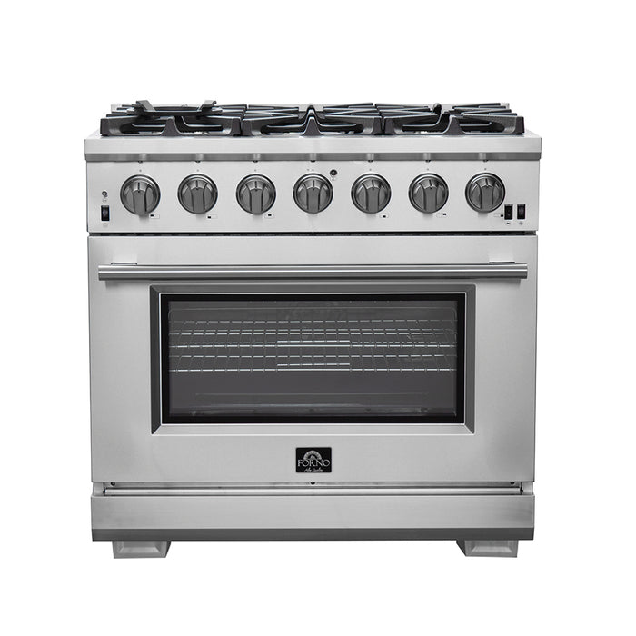 FORNO Premium 2-Piece Kitchen Bundle - Galiano 36" Stainless Steel Range, Forno Moena 36" French Door 19.2 cu. ft Stainless Steel Refrigerator, with Decorative Grill - 40" Wide - FBDL-019-03CAUS