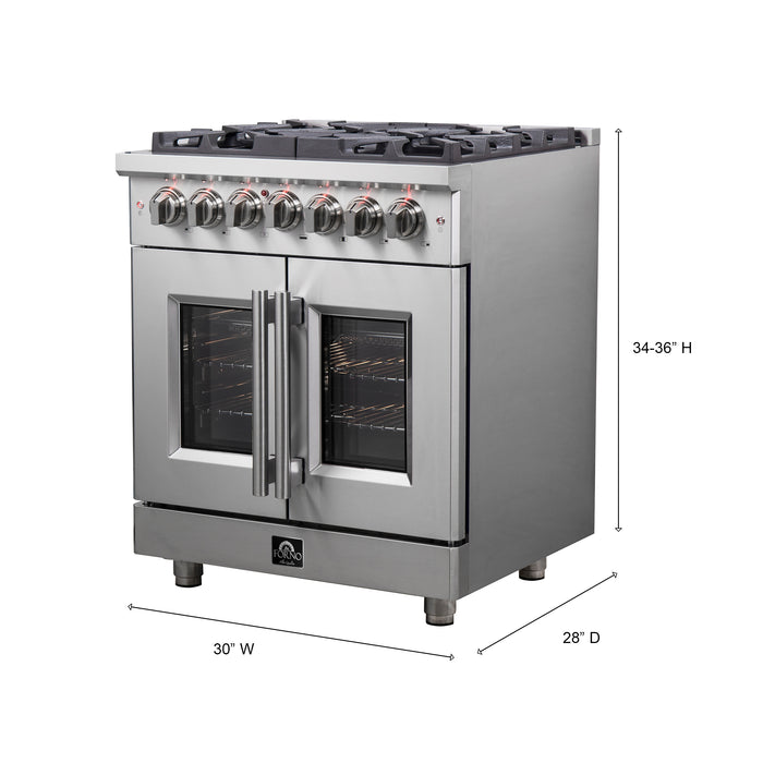 Forno Massimo 30-Inch Freestanding French Door Dual Fuel Range, 4 Burners, True Convection Oven