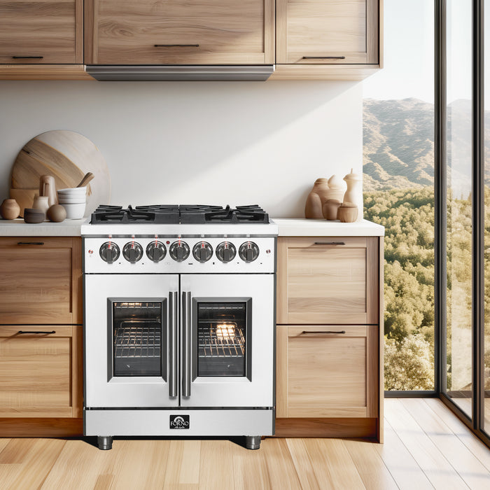 Forno Massimo 30-Inch Freestanding French Door Dual Fuel Range, 4 Burners, True Convection Oven