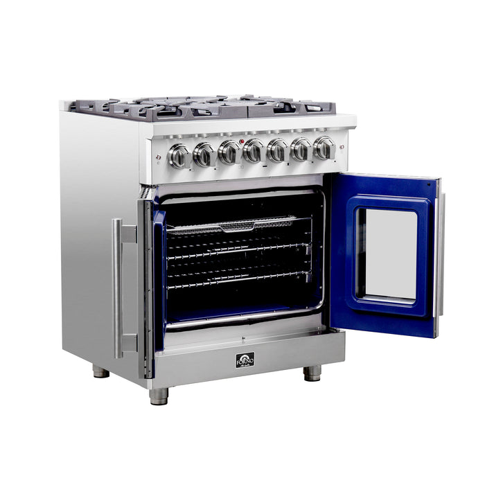 Forno Massimo 30-Inch Freestanding French Door Dual Fuel Range, 4 Burners, True Convection Oven