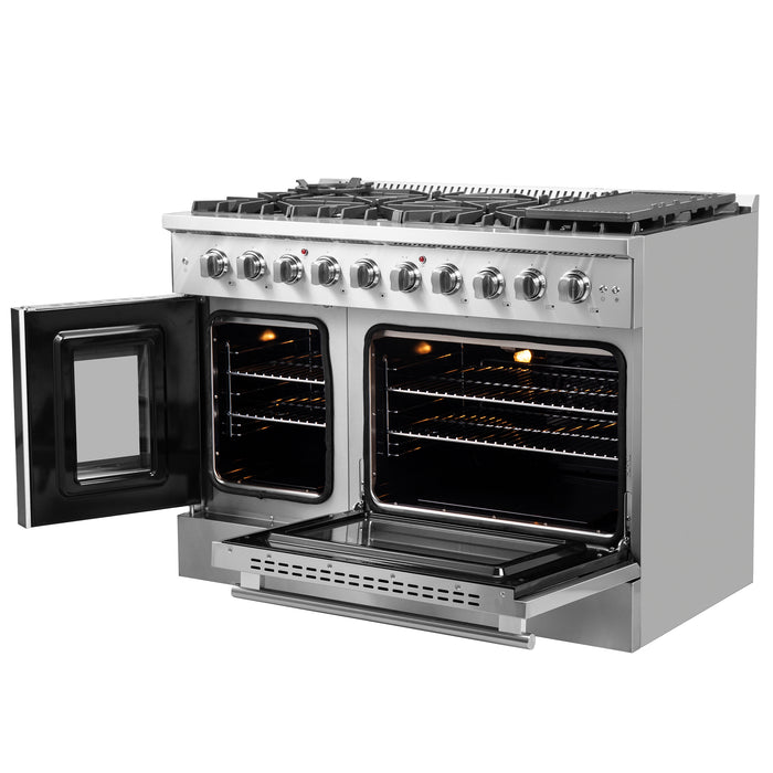 Forno Galiano 48-Inch Freestanding French Door Gas Range, 8 Burners, Griddle, Convection Oven, Energy Efficient