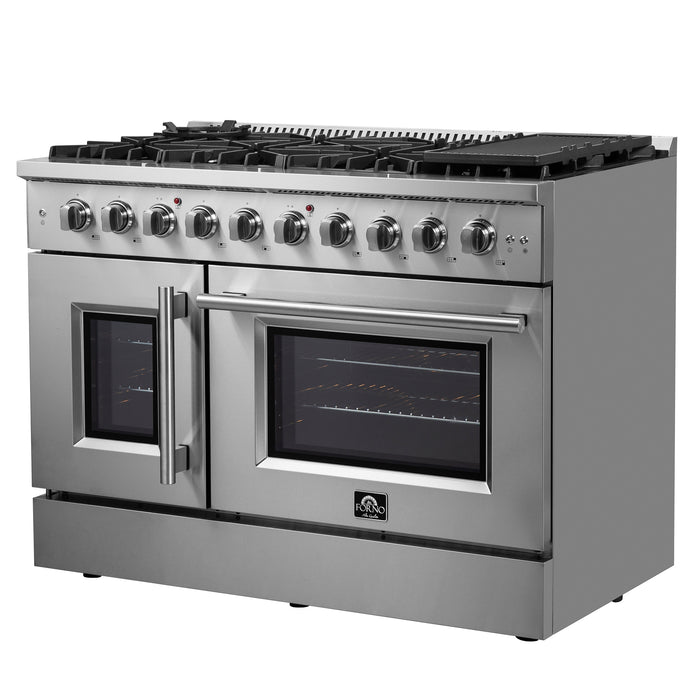 Forno Galiano 48-Inch Freestanding French Door Gas Range, 8 Burners, Griddle, Convection Oven, Energy Efficient