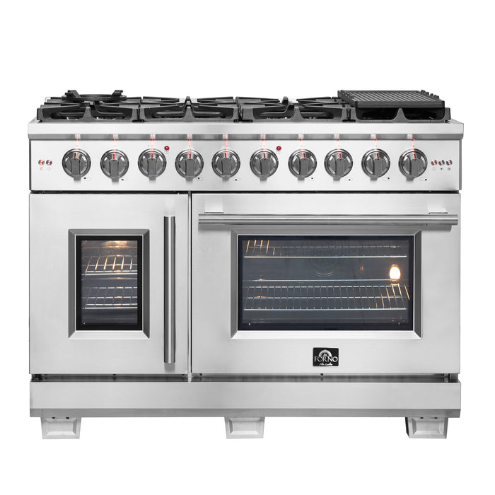 Forno Capriasca 48-Inch Freestanding French Door Gas Range, 8 Burners, Convection Oven, Energy Efficient