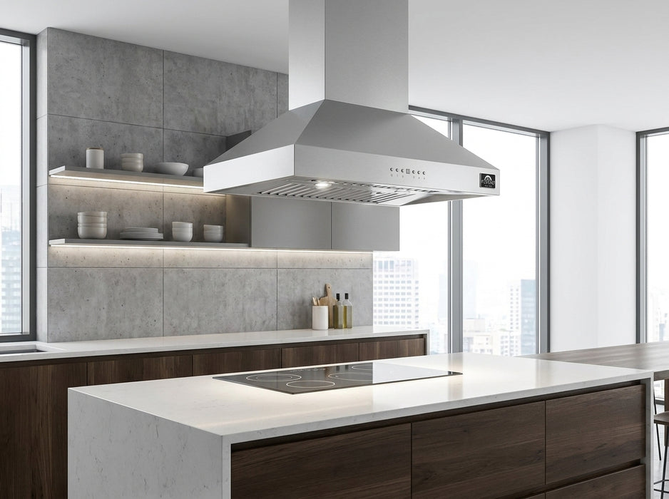 Forno Coppito 30-Inch Island Range Hood, Stainless Steel, LED Lighting, Adjustable Fan Speeds