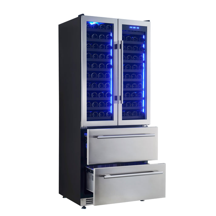 Forno Campania 32-Inch Wine Cooler, Stainless Steel, Dual Wine Zones, Two Beverage Drawers, 17.7 cu.ft