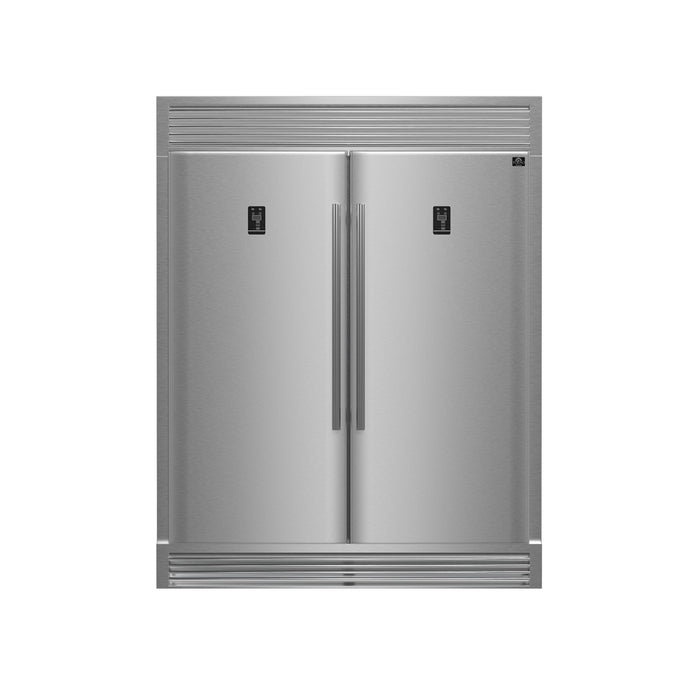FORNO Premium 3-Piece Kitchen Bundle - FORNO Capriasca 48" Freestanding Gas Range, FORNO Rizzuto 60" W. Dual Combo Convertible Refrigerator, FORNO 48" Wall Mount Range Hood - FBDL-019-05US