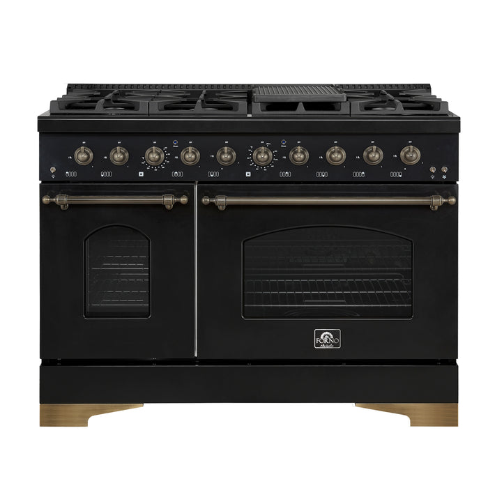 Forno Antico 48-Inch Freestanding Gas Range, Black, Antique Brass Design, 8 Burners, Griddle, Double Ovens, Energy Efficient