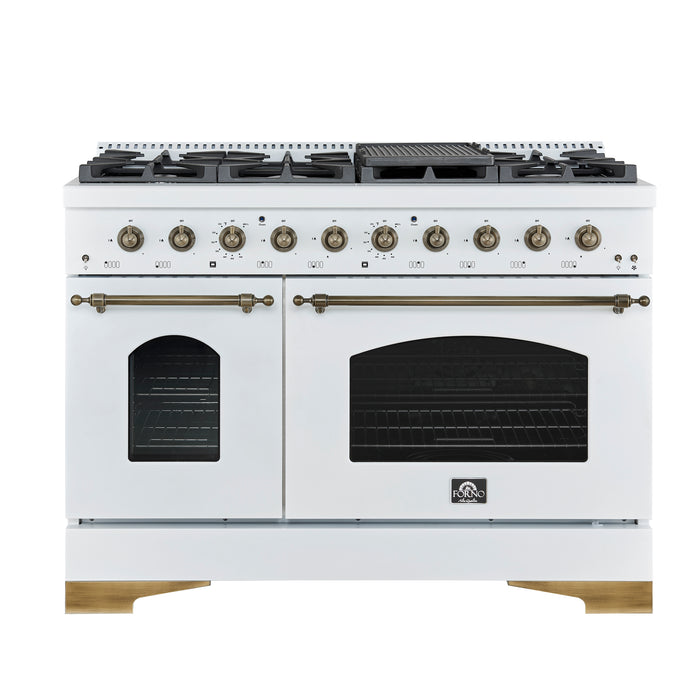 Forno Antico 48-Inch Freestanding Gas Range, White, Antique Brass Design, 8 Burners, Griddle, Double Ovens, Energy Efficient