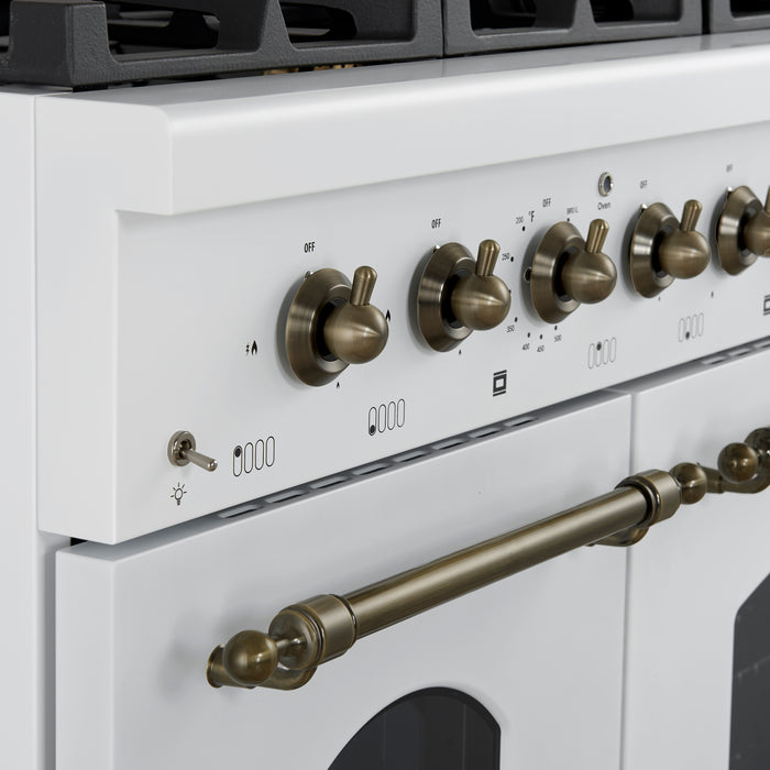 Forno Antico 48-Inch Freestanding Gas Range, White, Antique Brass Design, 8 Burners, Griddle, Double Ovens, Energy Efficient