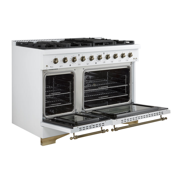 Forno Antico 48-Inch Freestanding Gas Range, White, Antique Brass Design, 8 Burners, Griddle, Double Ovens, Energy Efficient