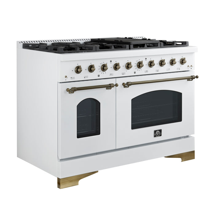 Forno Antico 48-Inch Freestanding Gas Range, White, Antique Brass Design, 8 Burners, Griddle, Double Ovens, Energy Efficient