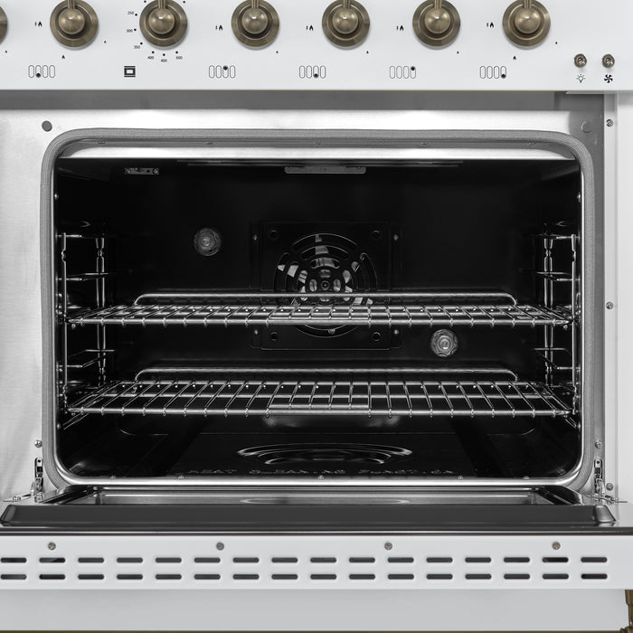 Forno Antico 48-Inch Freestanding Gas Range, White, Antique Brass Design, 8 Burners, Griddle, Double Ovens, Energy Efficient