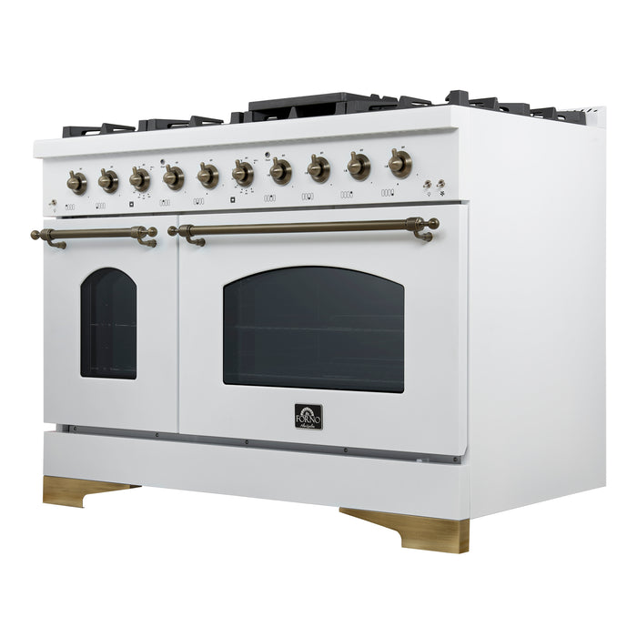 Forno Antico 48-Inch Freestanding Gas Range, White, Antique Brass Design, 8 Burners, Griddle, Double Ovens, Energy Efficient