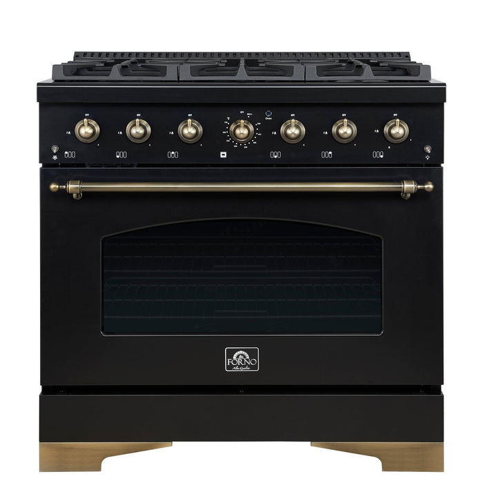 Forno Antico 36-Inch Freestanding Gas Range, Black, Antique Brass Design, 6 Burners, Convection Oven, Energy Efficient