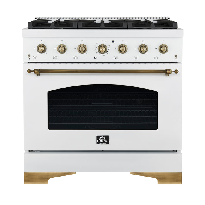 Forno Antico 36-Inch Freestanding Gas Range, White, Antique Brass Design, 6 Burners, Convection Oven, Energy Efficient