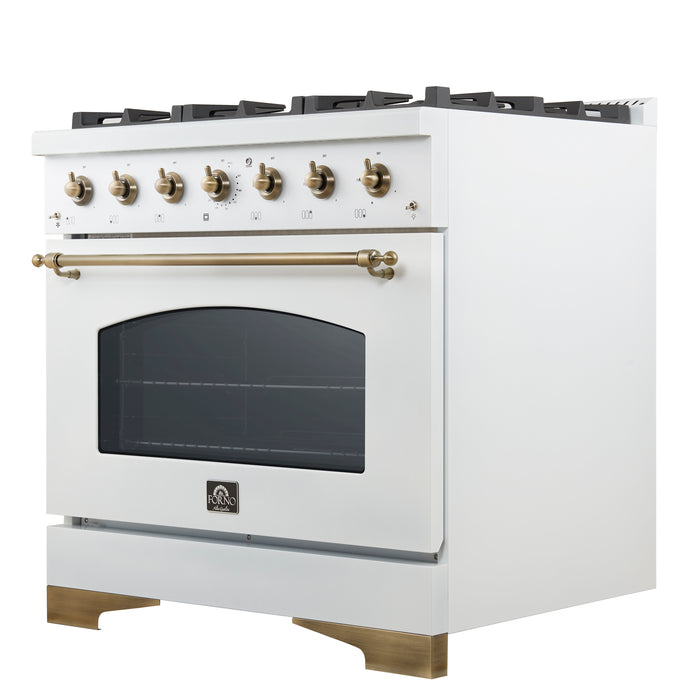 Forno Antico 36-Inch Freestanding Gas Range, White, Antique Brass Design, 6 Burners, Convection Oven, Energy Efficient