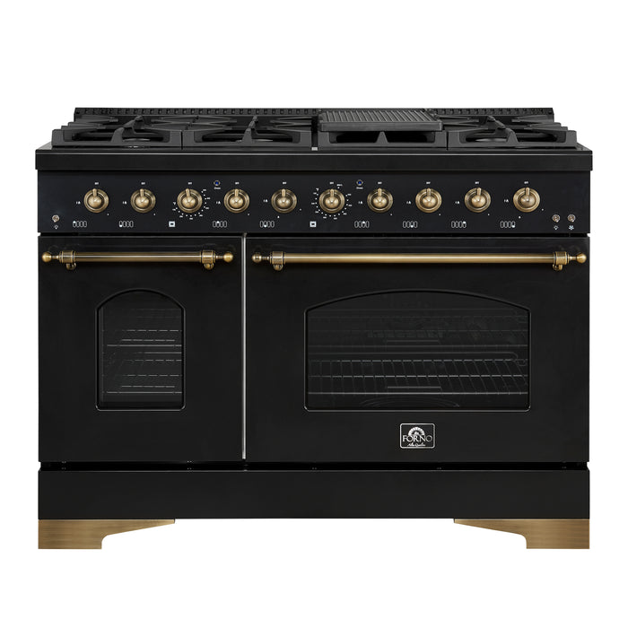 Forno Antico 48-Inch Freestanding Gas Range, Black, Antique Brass Design, 8 Burners, Griddle, Double Ovens, Energy Efficient