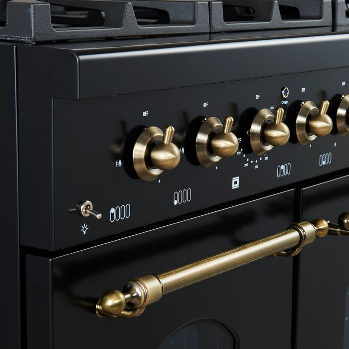 Forno Antico 48-Inch Freestanding Gas Range, Black, Antique Brass Design, 8 Burners, Griddle, Double Ovens, Energy Efficient