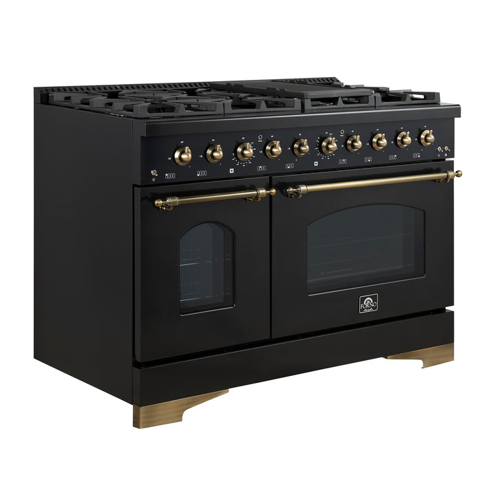 Forno Antico 48-Inch Freestanding Gas Range, Black, Antique Brass Design, 8 Burners, Griddle, Double Ovens, Energy Efficient