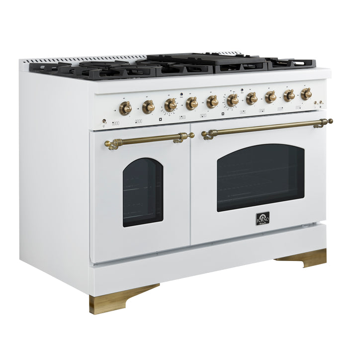 Forno Antico 48-Inch Freestanding Gas Range, White, Antique Brass Design, 8 Burners, Griddle, Double Ovens, Energy Efficient