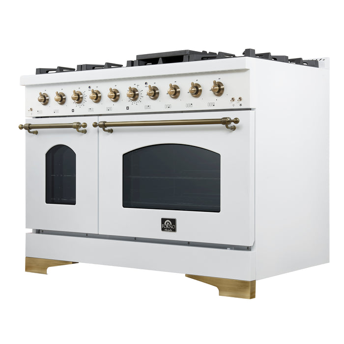 Forno Antico 48-Inch Freestanding Gas Range, White, Antique Brass Design, 8 Burners, Griddle, Double Ovens, Energy Efficient