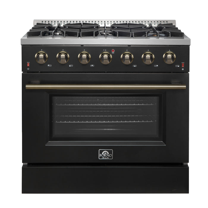 Forno Galiano 36-inch Freestanding Gas Range in Black with Antique Brass Design, 6 Burners, 83,000 BTU, 5.36 cu.ft. Convection Oven