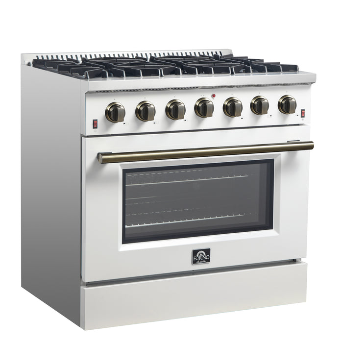 Forno Galiano 36-inch Freestanding Gas Range in White with Antique Brass Design, 6 Burners, 83,000 BTU, 5.36 cu.ft. Convection Oven