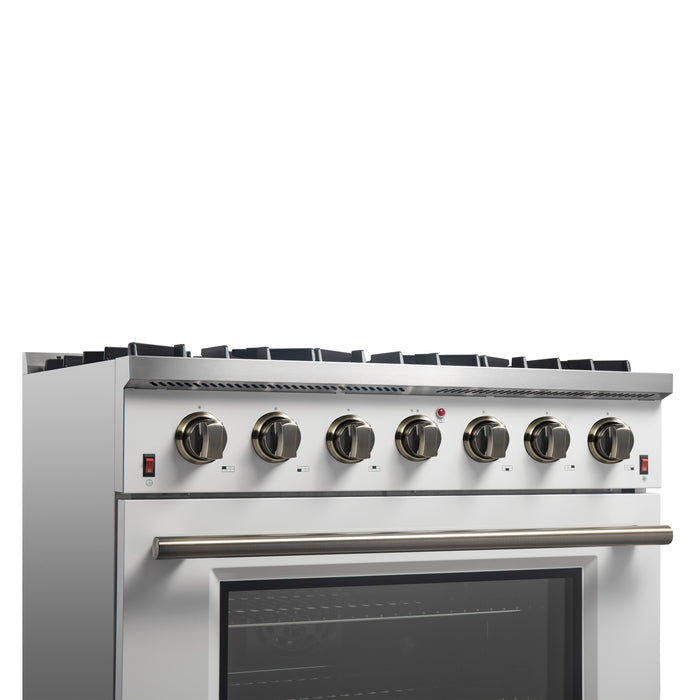 Forno Galiano 36-inch Freestanding Gas Range in White with Antique Brass Design, 6 Burners, 83,000 BTU, 5.36 cu.ft. Convection Oven