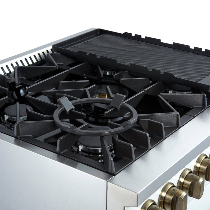 Giovanni 30-inch Gas Range White & Antique Brass Design, 5 Burners 67,000 BTU, 4.32 cu.ft. Convection Oven