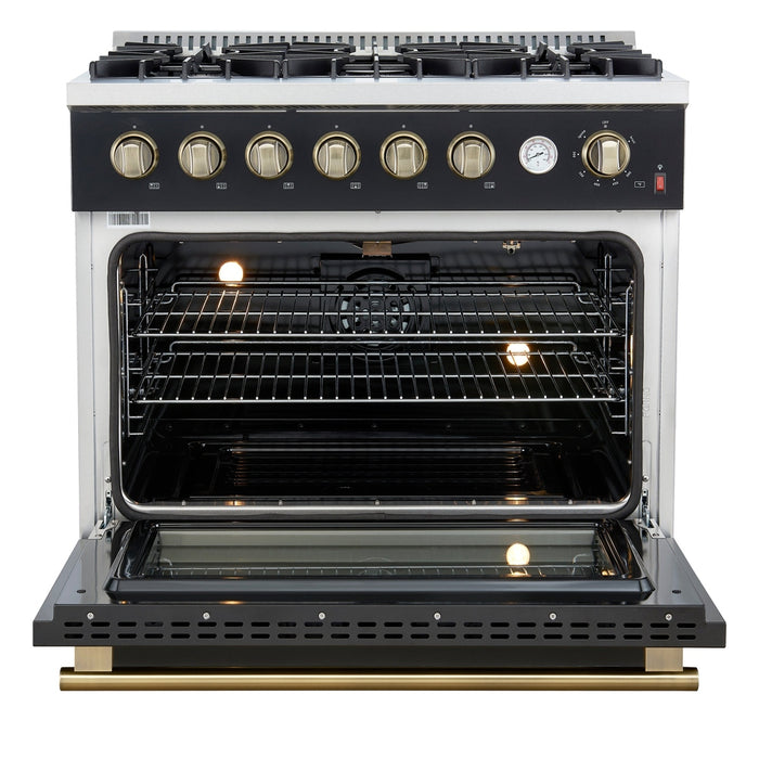 Marco 36-Inch Gas Range Black & Antique Brass Design, 6 Burners 67,000 BTU, 5.36 cu.ft. Convection Oven