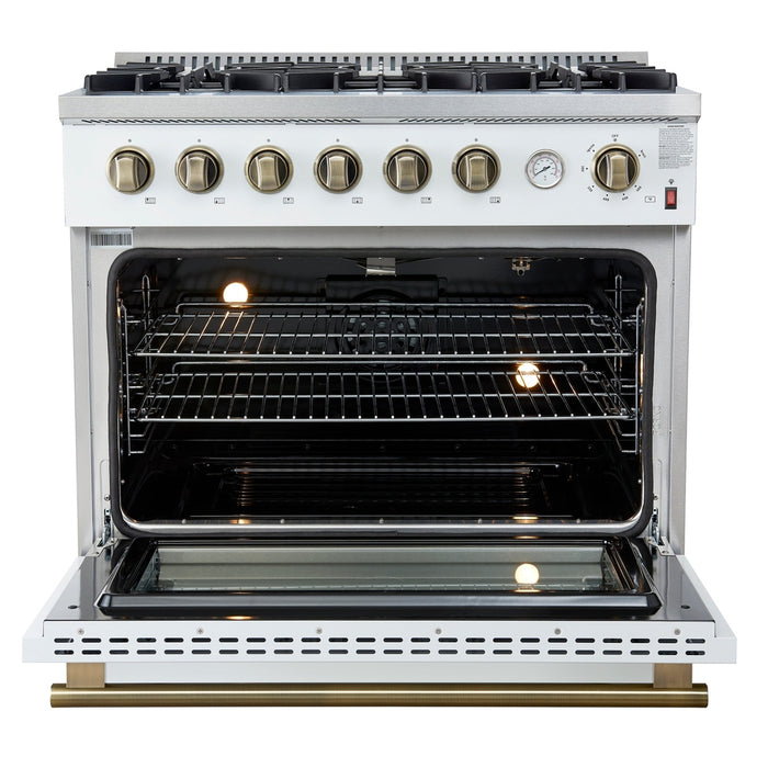 Marco 36-Inch Gas Range White & Antique Brass Design, 6 Burners 67,000 BTU, 5.36 cu.ft. Convection Oven