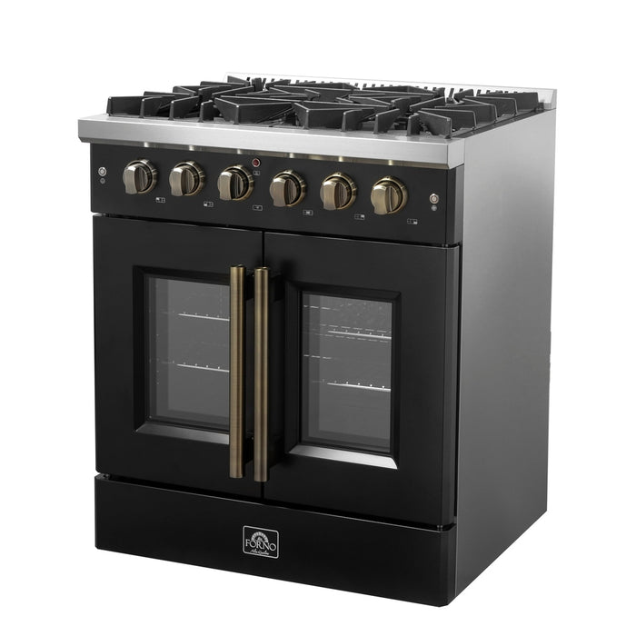 Forno Galiano 30-inch French Door Gas Range Black and Antique Brass Design, 5 Sealed Burners 68,000 BTU,  4.32 cu.ft. Convection Oven