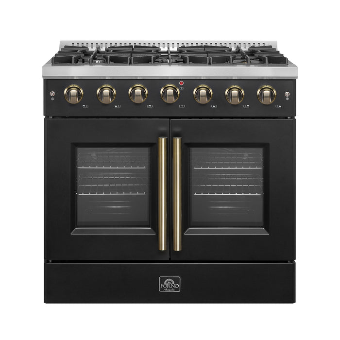 Forno Galiano 36-inch French Door Gas Range Black and Antique Brass Design, 6 Sealed Burners 83,000 BTU, 5.36 cu.ft. Convection Oven