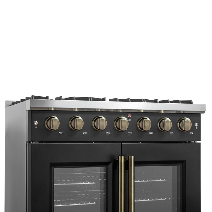 Forno Galiano 36-inch French Door Gas Range Black and Antique Brass Design, 6 Sealed Burners 83,000 BTU, 5.36 cu.ft. Convection Oven