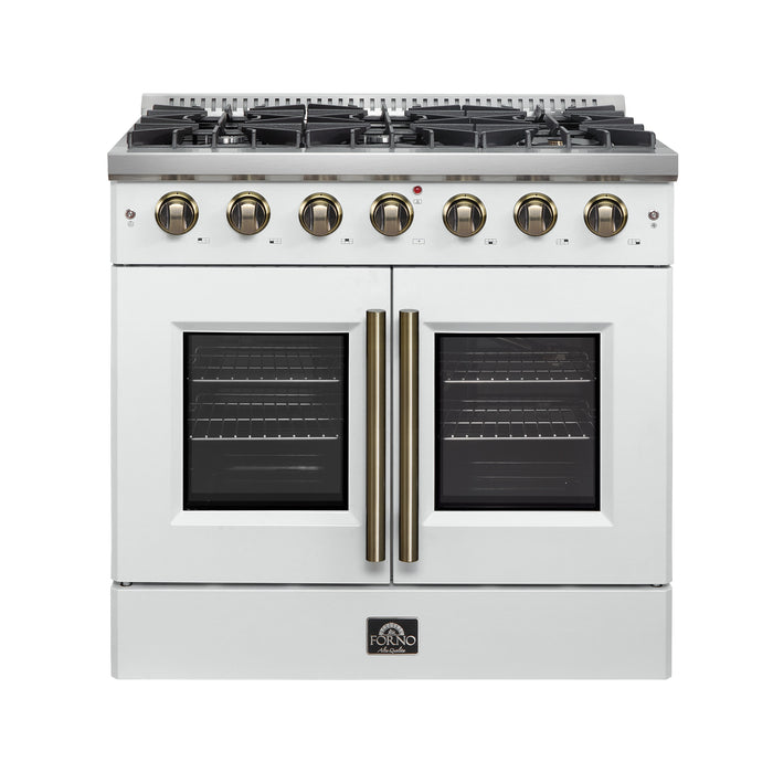 Forno Galiano 36-inch French Door Gas Range White and Antique Brass Design, 6 Sealed Burners 83,000 BTU, 5.36 cu.ft. Convection Oven